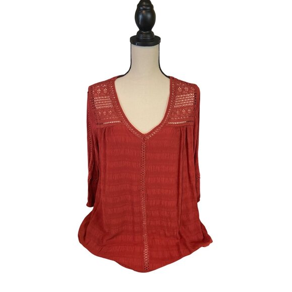 Studio Woman JPR Womens Blouse 1X Rust Red Lace Crochet V-Neckline Pheasant Boho - Picture 1 of 9